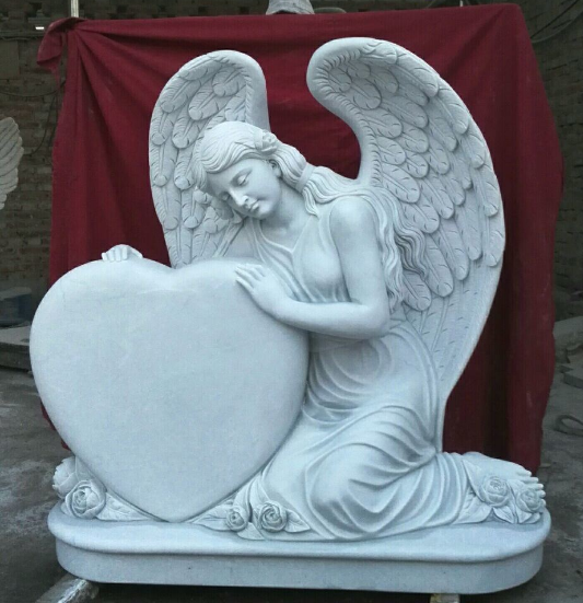 White Marble Angel Sculpture Heart Tombstone
